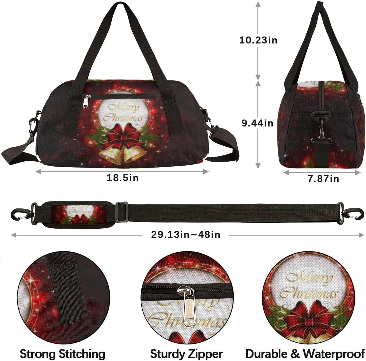 Merry Christmas Xmas Bell Kids Duffel Bag for Girls Boys Teens, Christmas Oil Painting Dance Bag Overnight Small Duffel Bag Carry On Weekend Sports Gym Travel Bag for School Practice Gymnastics Ballet