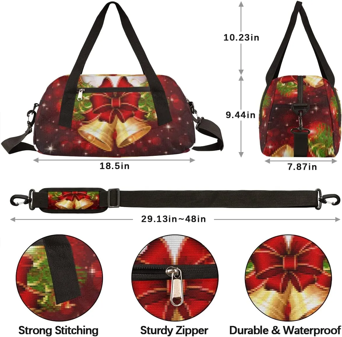 Merry Christmas Xmas Bell Kids Duffel Bag for Girls Boys Teens, Merry Christmas Dance Bag Overnight Small Duffel Bag Carry On Weekend Sports Gym Travel Bag for School Practice Gymnastics Ballet