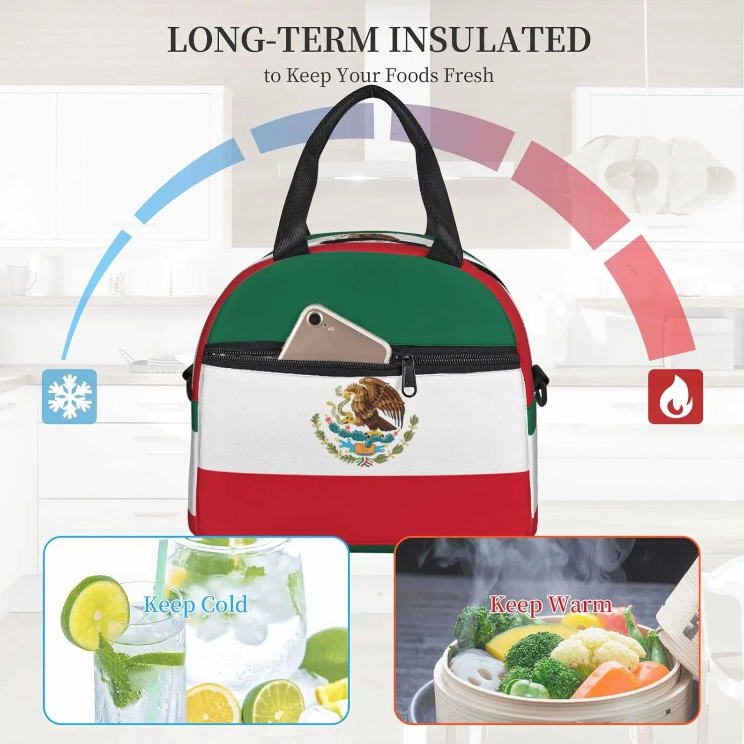 Mexican flag Insulated Lunch Bag,Waterproof Thermal Meal Tote,Adjustable Shoulder Strap and Reusable Lunch Box For Women,kids,Men -Work,School, Picnics,Travel,Beach,Fishing