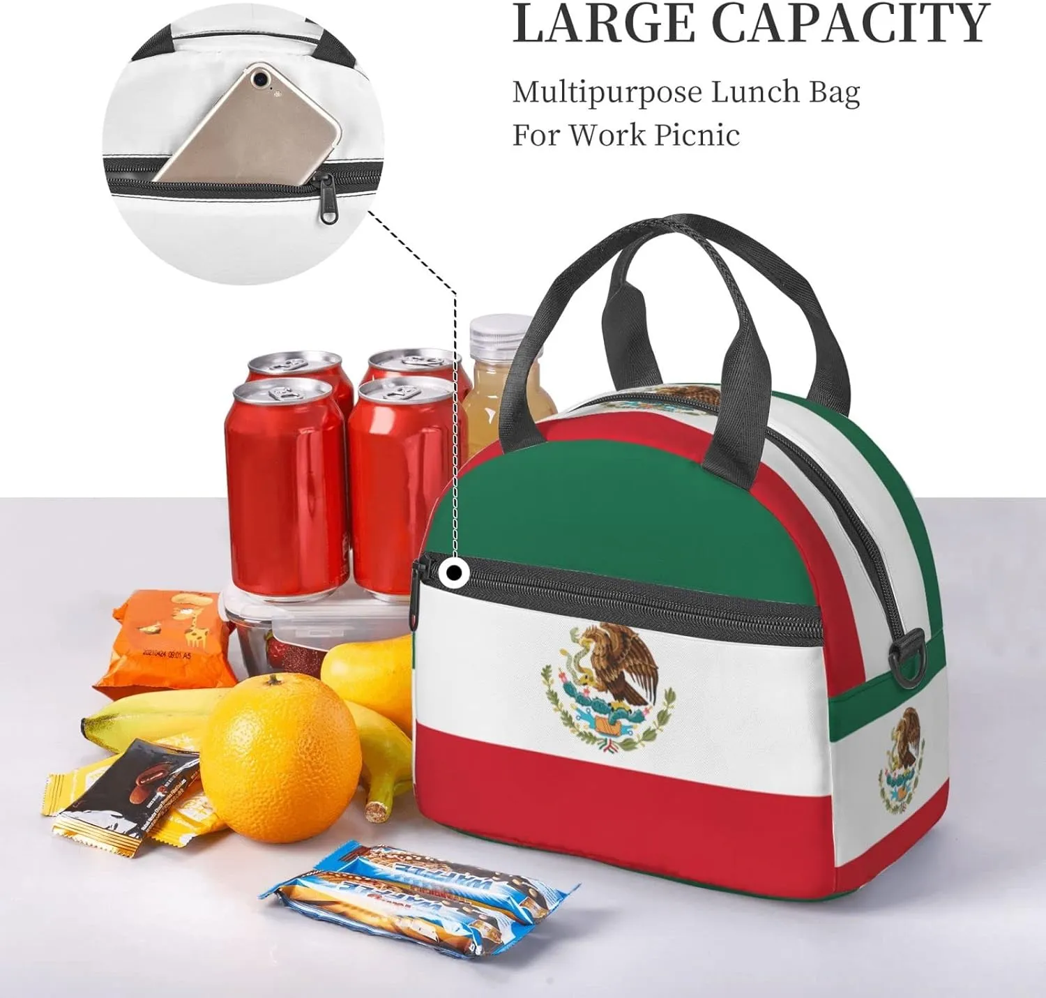 Mexican flag Insulated Lunch Bag,Waterproof Thermal Meal Tote,Adjustable Shoulder Strap and Reusable Lunch Box For Women,kids,Men -Work,School, Picnics,Travel,Beach,Fishing