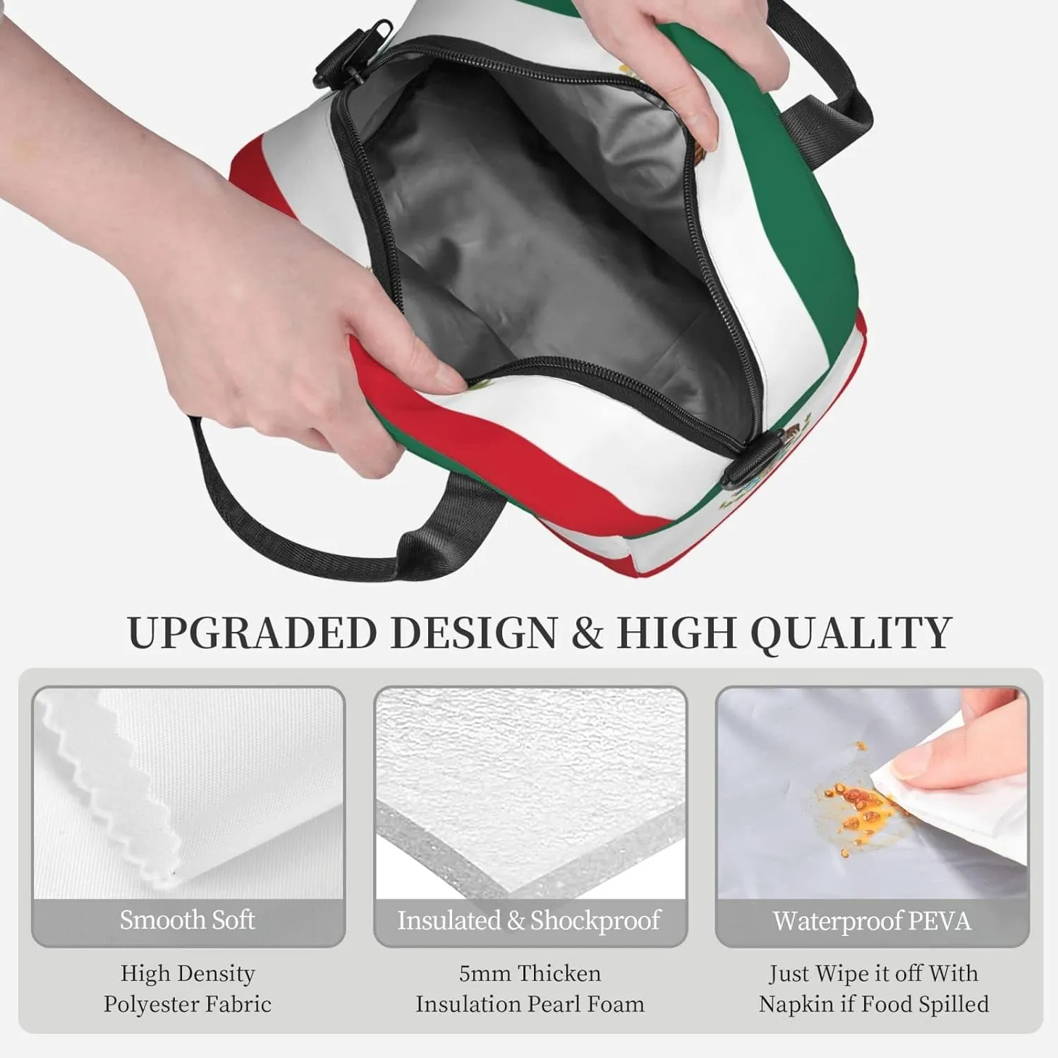 Mexican flag Insulated Lunch Bag,Waterproof Thermal Meal Tote,Adjustable Shoulder Strap and Reusable Lunch Box For Women,kids,Men -Work,School, Picnics,Travel,Beach,Fishing