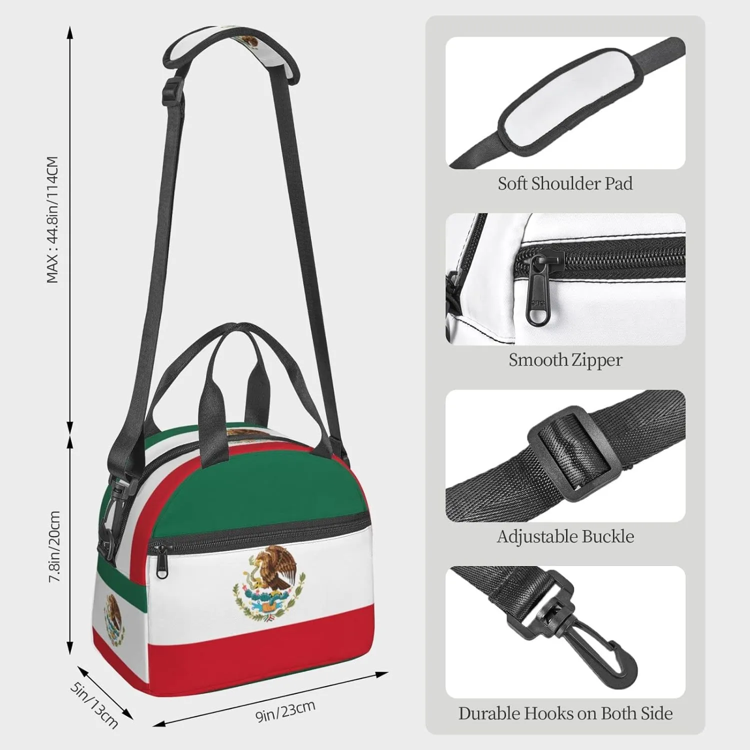 Mexican flag Insulated Lunch Bag,Waterproof Thermal Meal Tote,Adjustable Shoulder Strap and Reusable Lunch Box For Women,kids,Men -Work,School, Picnics,Travel,Beach,Fishing