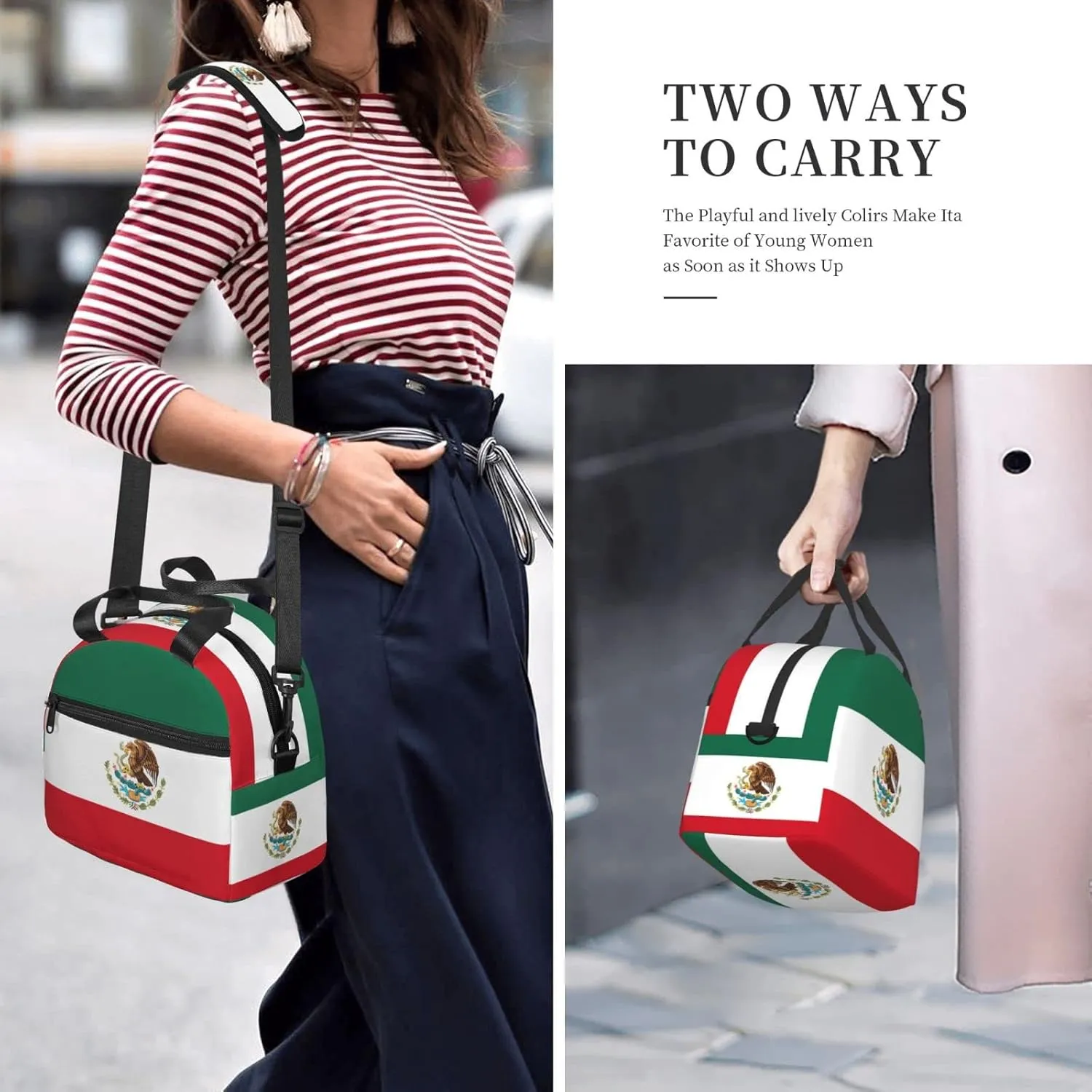 Mexican flag Insulated Lunch Bag,Waterproof Thermal Meal Tote,Adjustable Shoulder Strap and Reusable Lunch Box For Women,kids,Men -Work,School, Picnics,Travel,Beach,Fishing