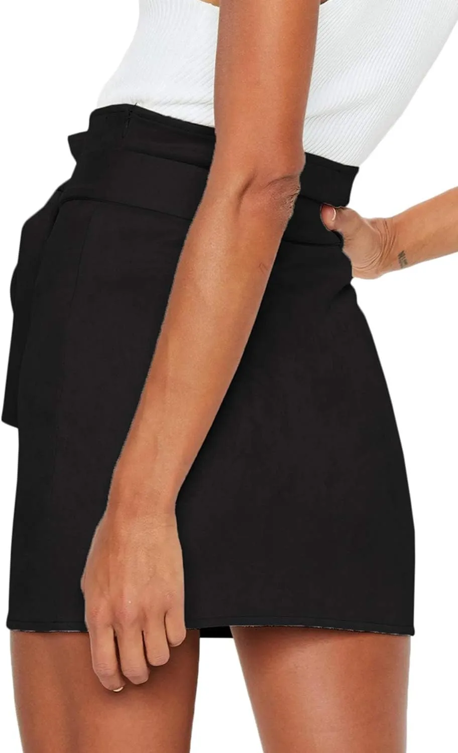 Meyeeka Women's Paperbag High Waist Button Trim Front Belted Faux Suede Mini Skirt