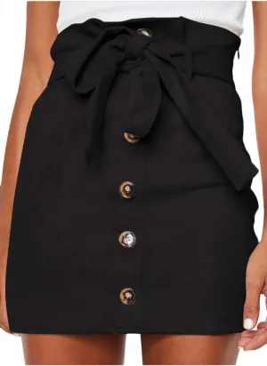 Meyeeka Women's Paperbag High Waist Button Trim Front Belted Faux Suede Mini Skirt