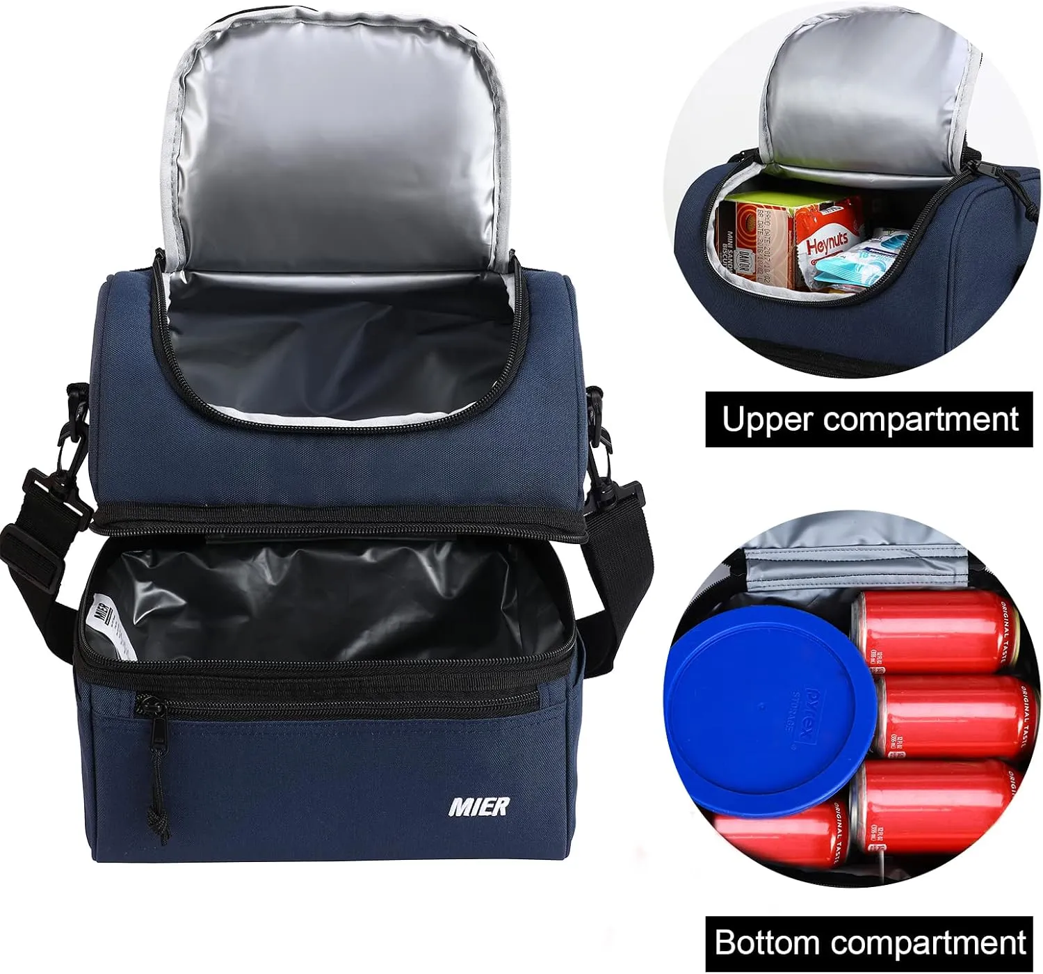 MIER Adult Lunch Box Insulated Lunch Bag Large Cooler Tote Bag for Men Women to Work Travel Daytrip, Double Deck Cooler (Navy, Large)