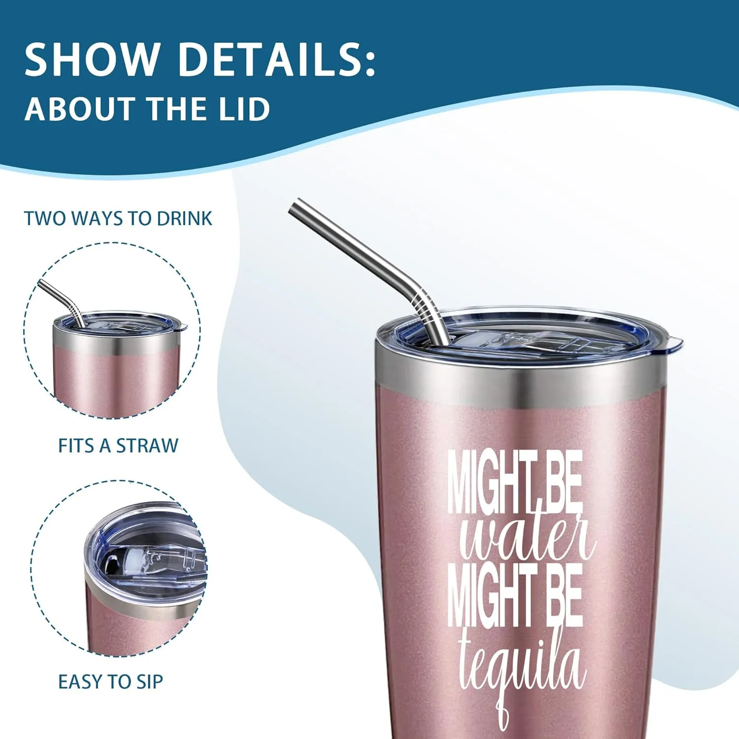 Might Be Water Might Be Tequila 20 Oz Insulated Tumblers with Lid & Straw | Travel Coffee Mugs | Novelty Birthday Gifts For Women