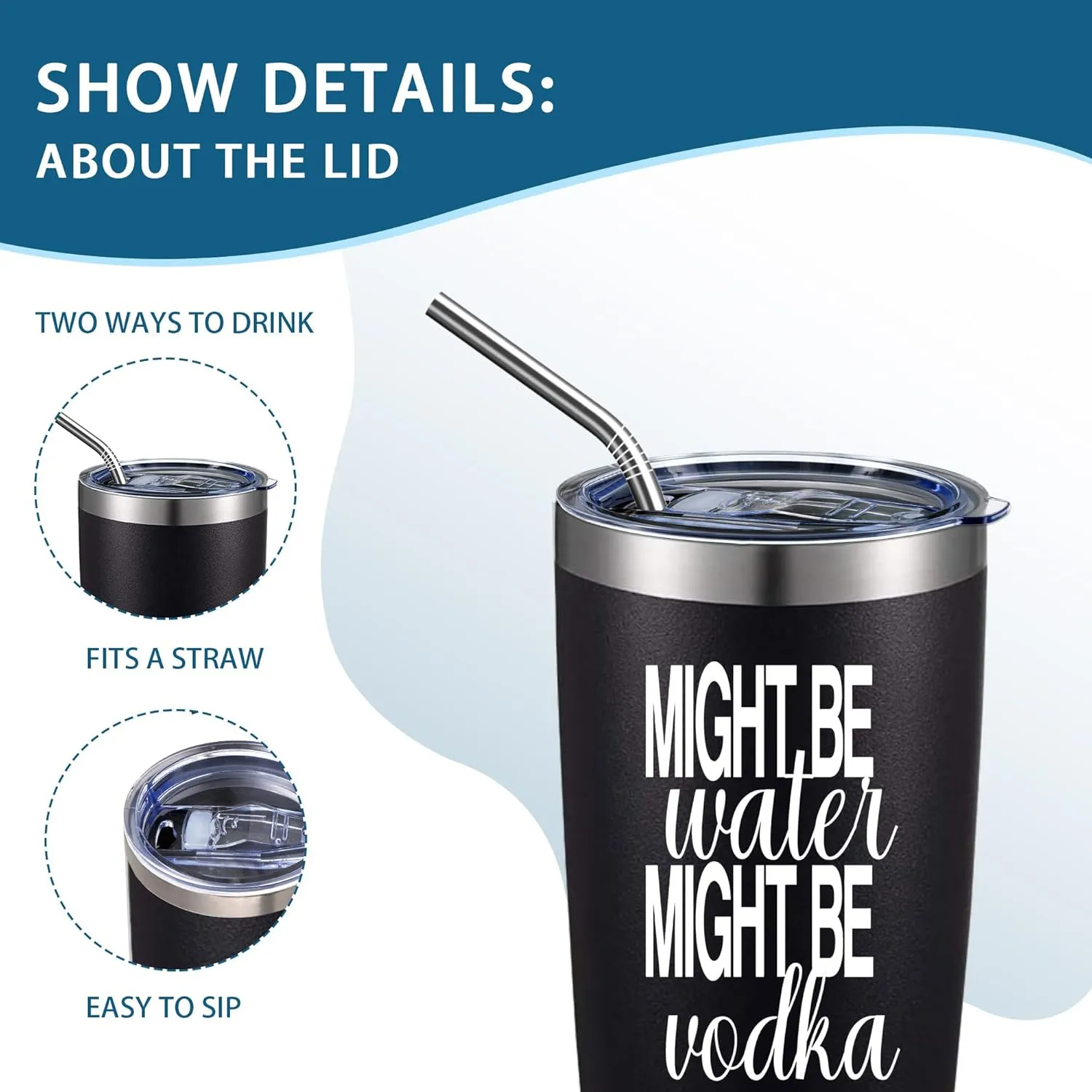 Might Be Water Might Be Vodka 20 Oz Insulated Tumblers with Lid & Straw | Double Wall Stainless Steel Vacuum Wine Tumbler Coffee Mug | Novelty Birthday Gifts Idea (Black)
