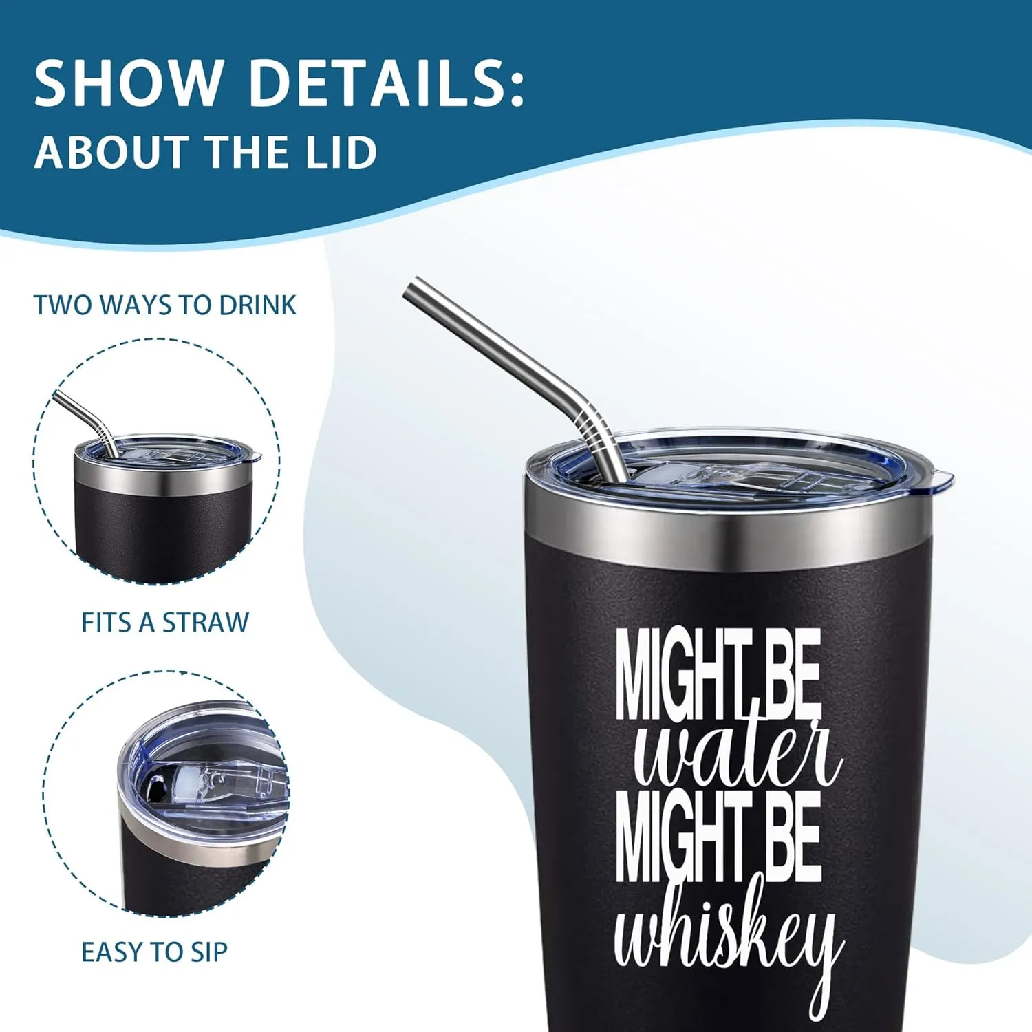Might Be Water Might Be Whiskey 20 Oz Insulated Tumblers with Lid & Straw | Double Wall Stainless Steel Vacuum Wine Tumbler Coffee Mug | Funny Birthday Christmas Gifts Idea (Black)