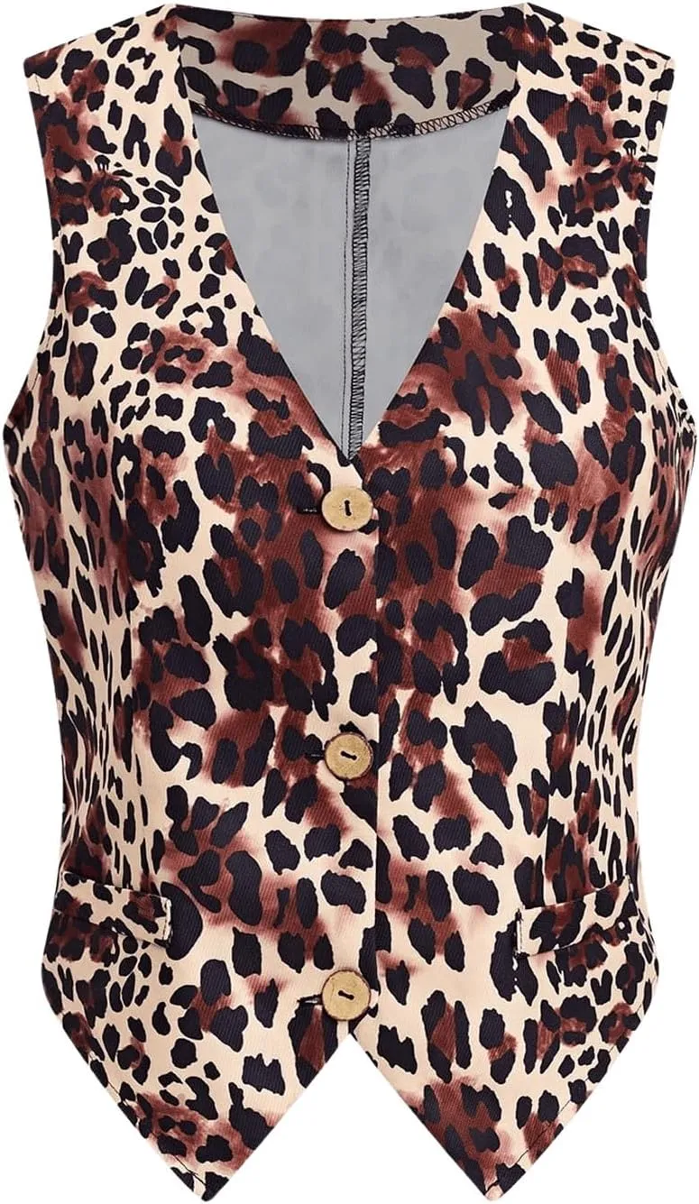 Milumia Women's Leopard Print Blazer Vest V Neck Sleeveless Button Down Jacket