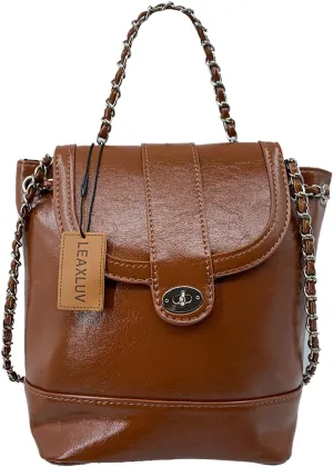 Mini Backpack Handbag for Women, Fashionable Vegan Leather Shoulder Bag with Metallic Chain Strap Drawstring