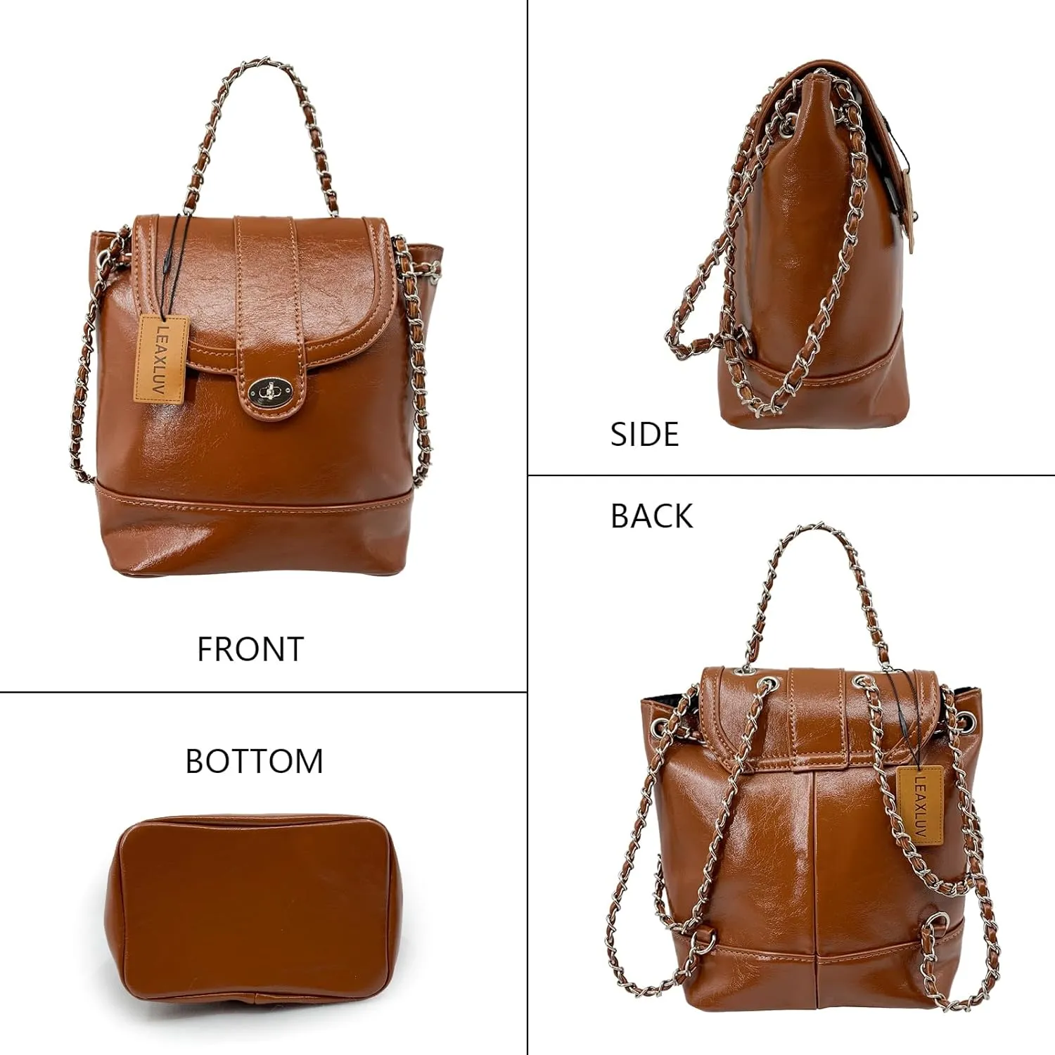 Mini Backpack Handbag for Women, Fashionable Vegan Leather Shoulder Bag with Metallic Chain Strap Drawstring