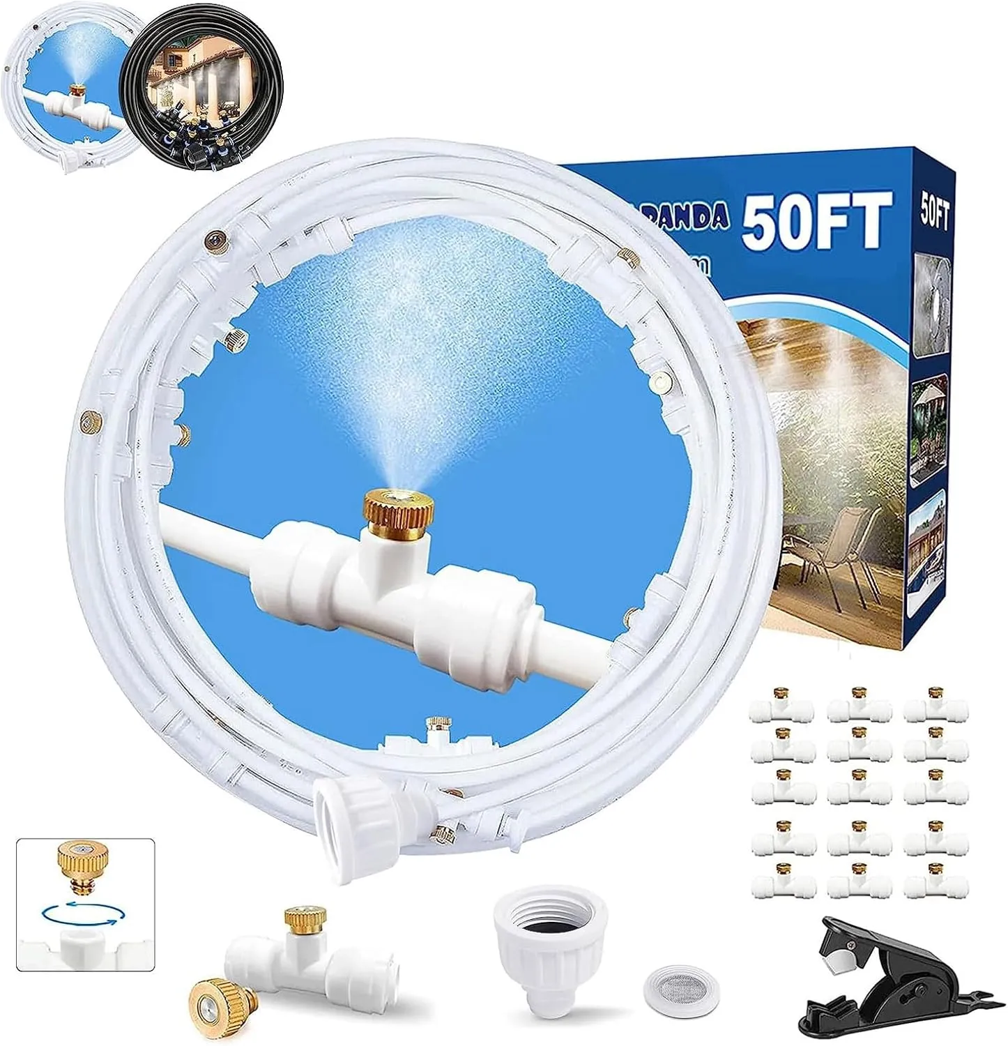 Misters for Outside Patio,Misting System for Cooling Outdoor,50Ft (15M),Water Mist Hose DIY Kit for Porch,Canopy,Deck,Umbrella,Garden,Greenhouse,Yard,Plants,Trampoline Sprinkler Accessories for Kids