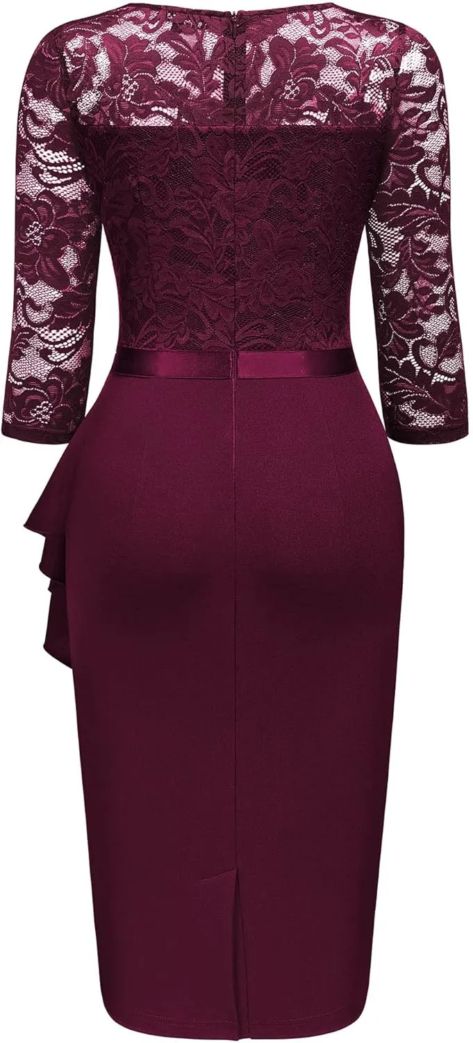 Miusol Women's Retro V Neck Floral Lace Ruffle Style Cocktail Party Dress
