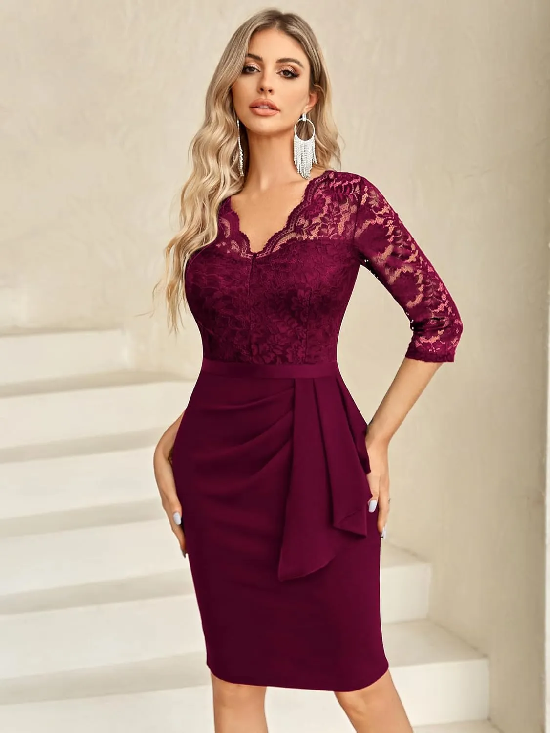 Miusol Women's Retro V Neck Floral Lace Ruffle Style Cocktail Party Dress