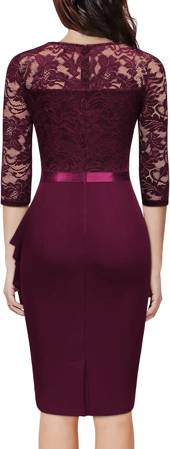 Miusol Women's Retro V Neck Floral Lace Ruffle Style Cocktail Party Dress