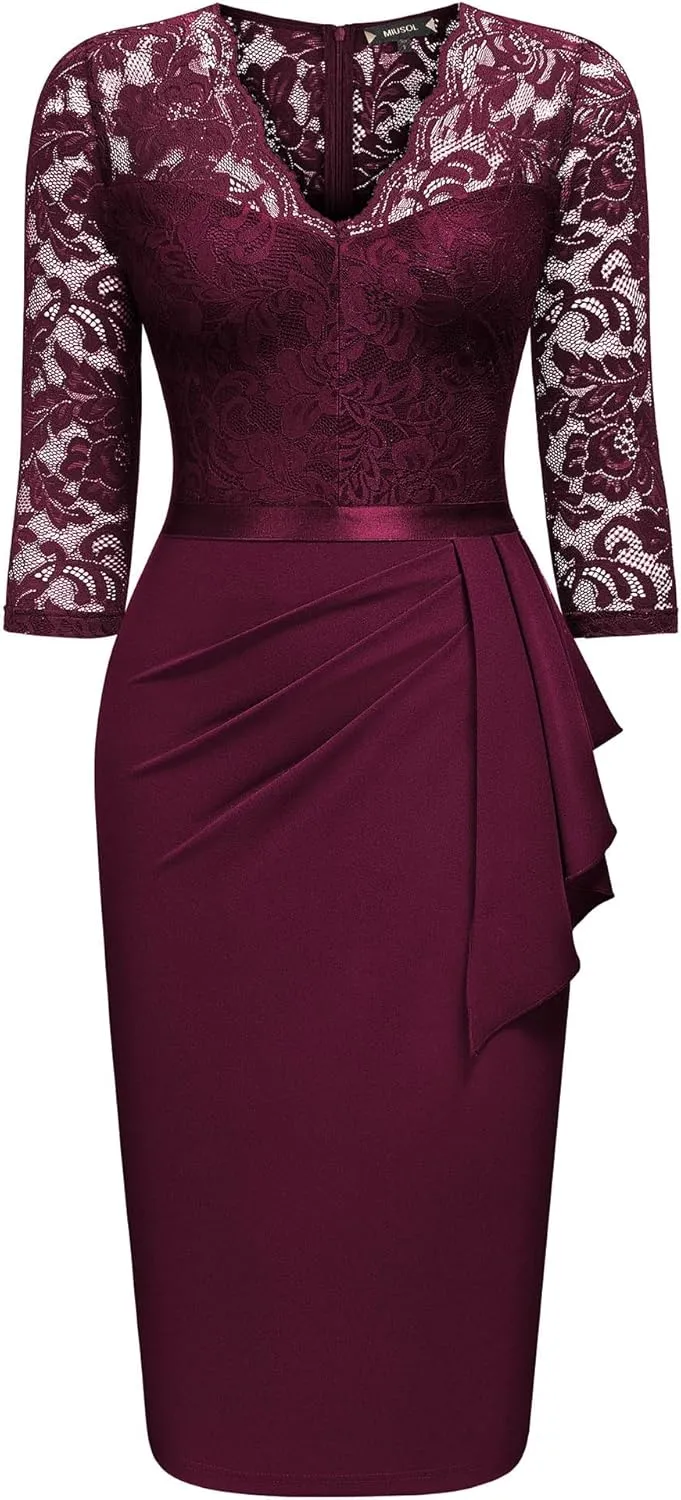 Miusol Women's Retro V Neck Floral Lace Ruffle Style Cocktail Party Dress