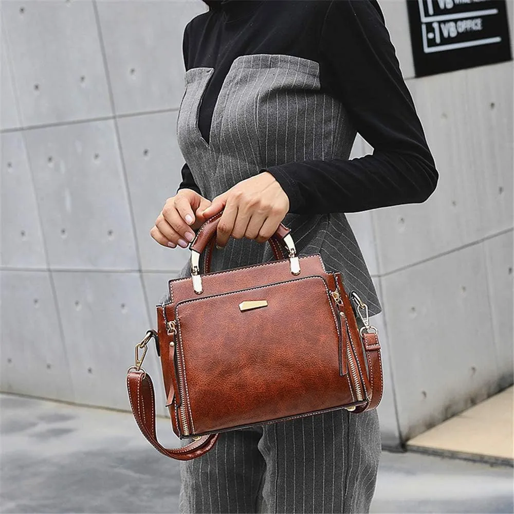 Mn&Sue Women's Stylish Vintage Satchel Purse - Elegant PU Leather Top Handle Shoulder Bag for Work, Casual & Daily Use