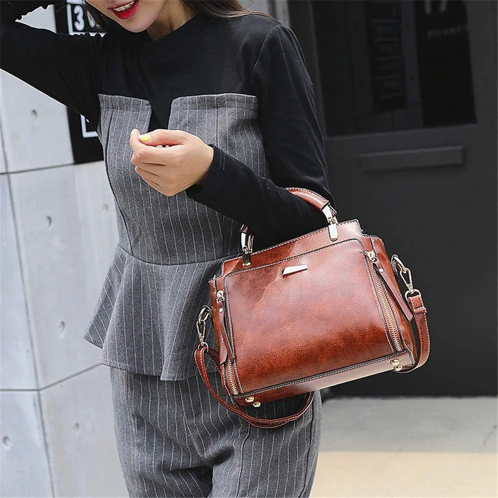 Mn&Sue Women's Stylish Vintage Satchel Purse - Elegant PU Leather Top Handle Shoulder Bag for Work, Casual & Daily Use