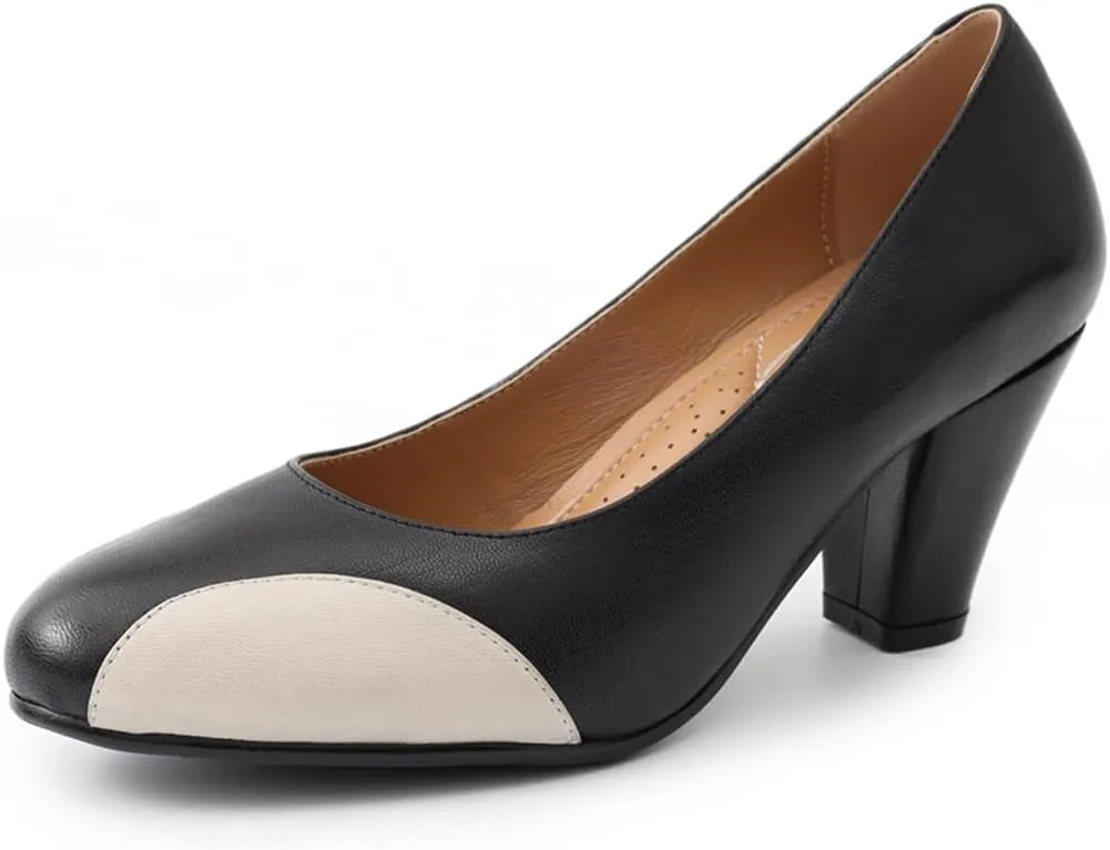 Mona flying Womens Retro Dress Pumps 7cm Chunky Heel Leather Dressy Shoes for Ladies