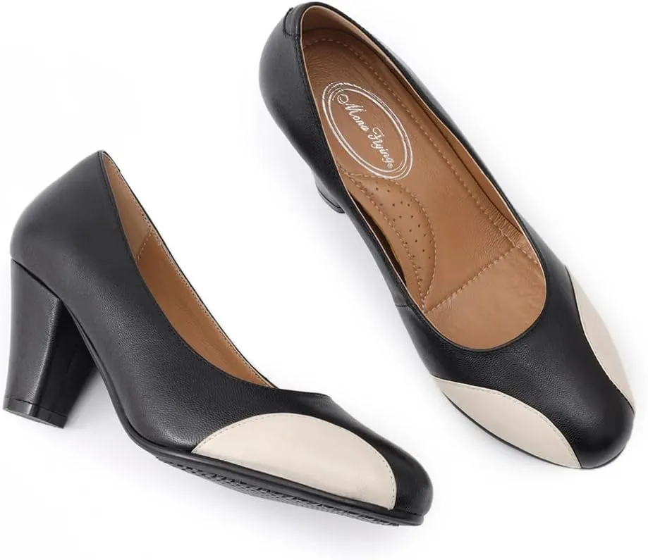 Mona flying Womens Retro Dress Pumps 7cm Chunky Heel Leather Dressy Shoes for Ladies