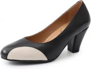 Mona flying Womens Retro Dress Pumps 7cm Chunky Heel Leather Dressy Shoes for Ladies