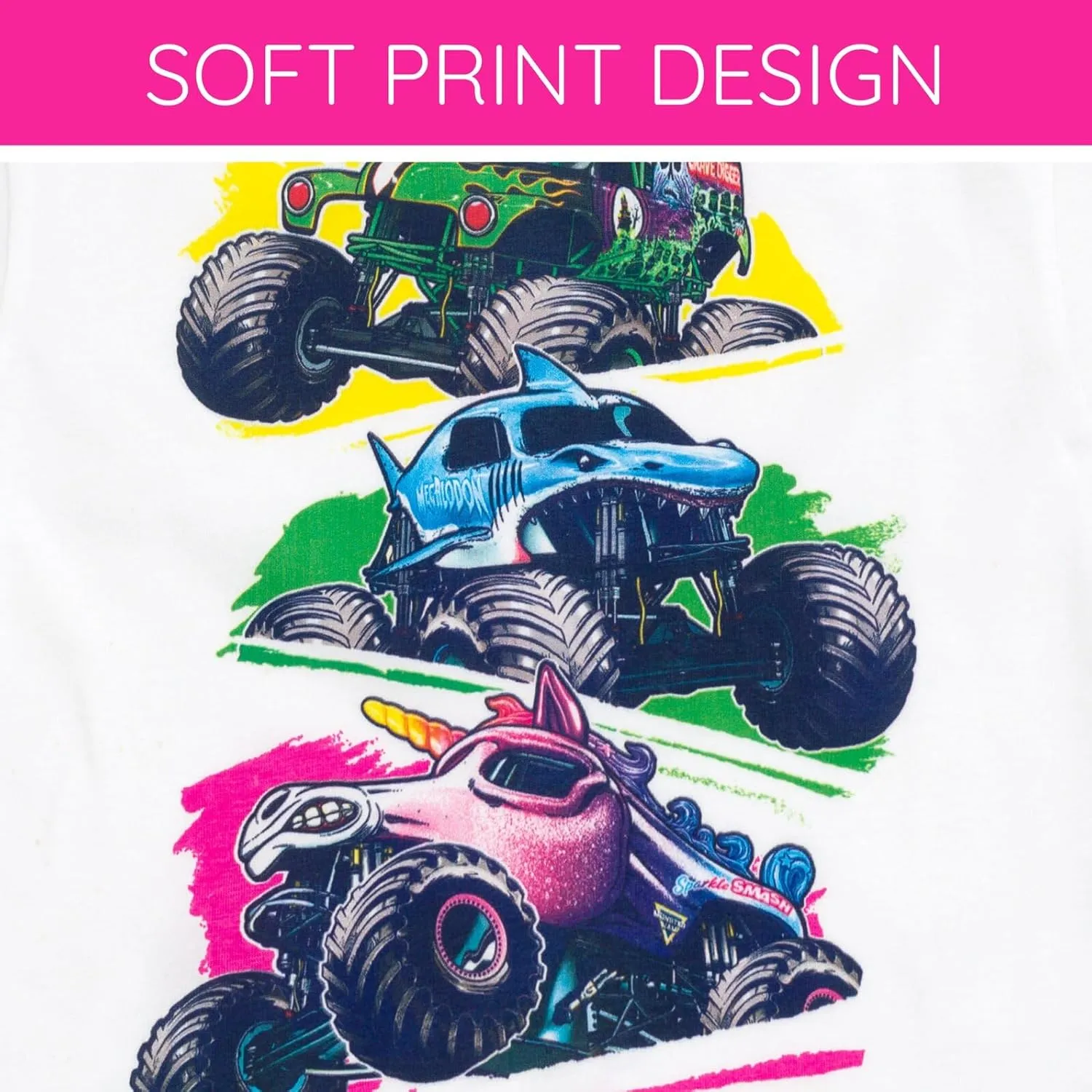 Monster Jam Girls Drop Shoulder T-Shirt and Bike Shorts Outfit Set Toddler to Big Kid Grave Digger Megalodon Sparkle Smash
