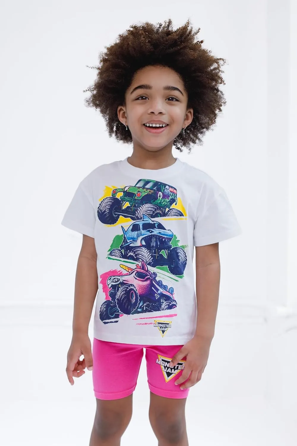 Monster Jam Girls Drop Shoulder T-Shirt and Bike Shorts Outfit Set Toddler to Big Kid Grave Digger Megalodon Sparkle Smash