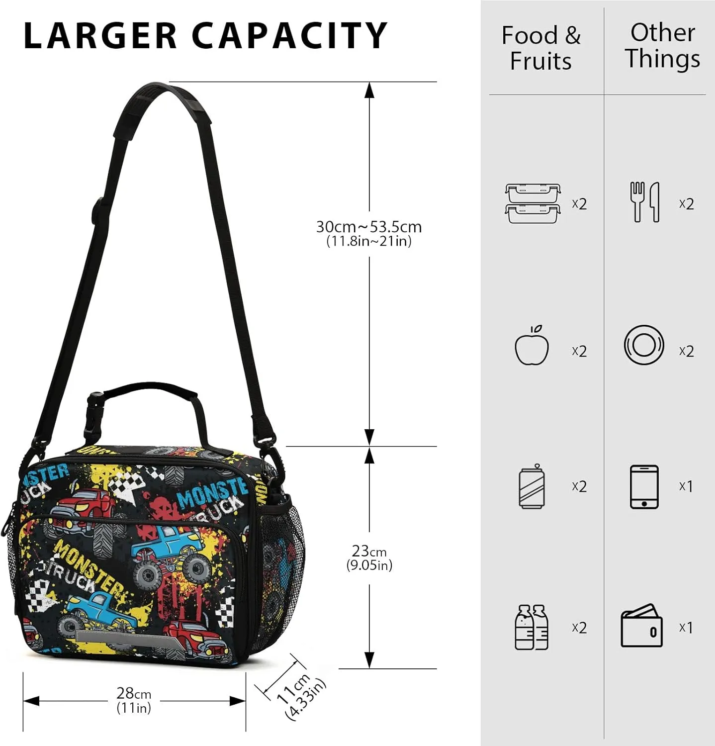 Monster Truck Insulated Lunch Bag Large for Women Men Grunge Spray Cooler Tote Bag with Adjustable Shoulder Strap Reusable Picnic Lunch Box Outdoor for Adult Office