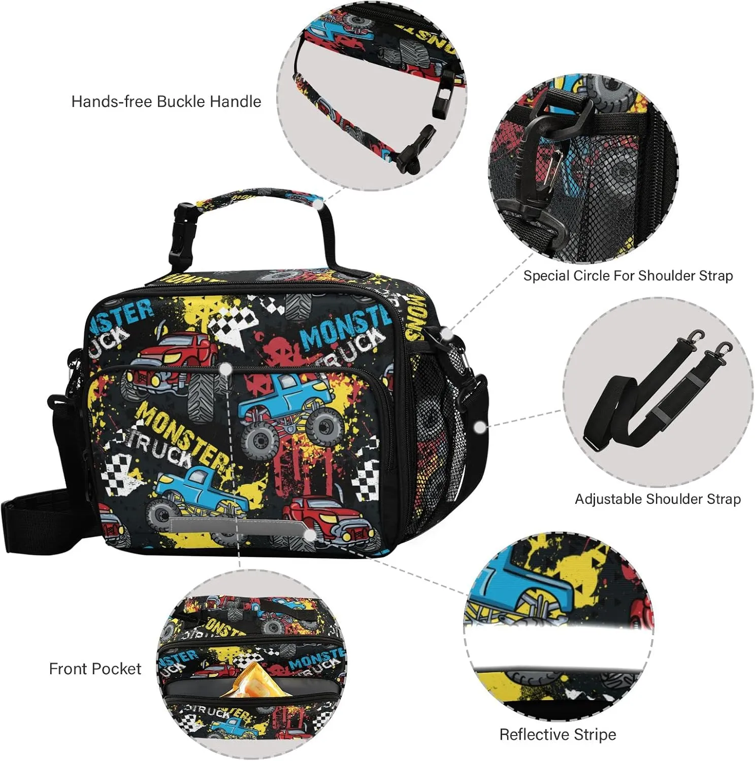 Monster Truck Insulated Lunch Bag Large for Women Men Grunge Spray Cooler Tote Bag with Adjustable Shoulder Strap Reusable Picnic Lunch Box Outdoor for Adult Office