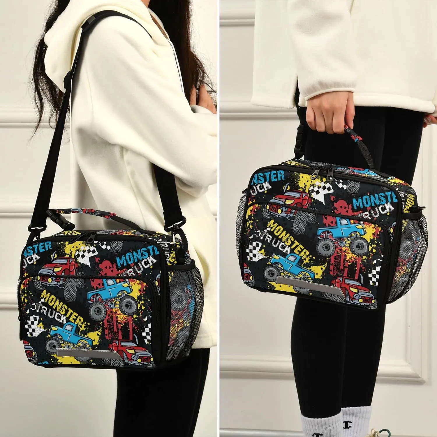 Monster Truck Insulated Lunch Bag Large for Women Men Grunge Spray Cooler Tote Bag with Adjustable Shoulder Strap Reusable Picnic Lunch Box Outdoor for Adult Office
