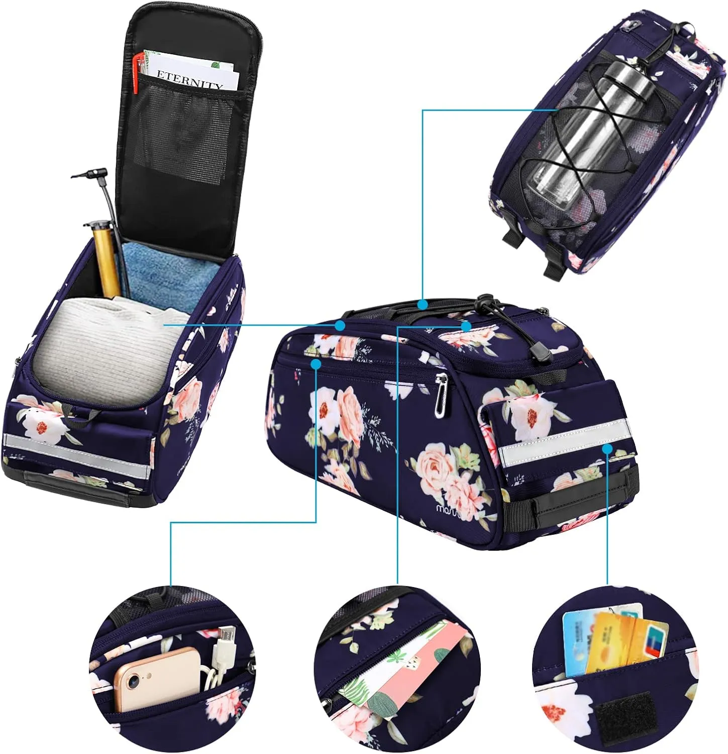 MOSISO Bike Rack Bag, Peony Waterproof Bicycle Trunk Pannier Rear Seat Pouch Cycling Bike Carrier Backseat Storage Luggage Saddle Shoulder Bag