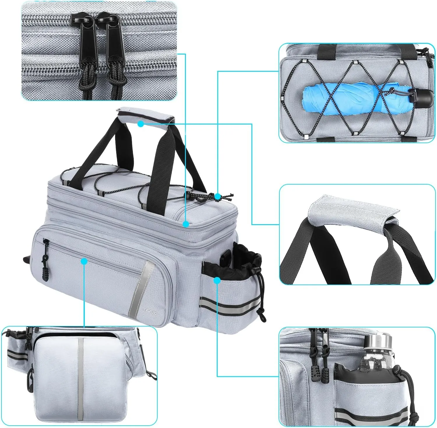 MOSISO Bike Rack Bag with Rain Cover, Bike Trunk Cooler Handag Insulated Bicycle Rear Seat Pouch with 2 Side Foldable Panniers, 8L Cycling Backseat Storage Cargo Saddle Shoulder Bag, Gray