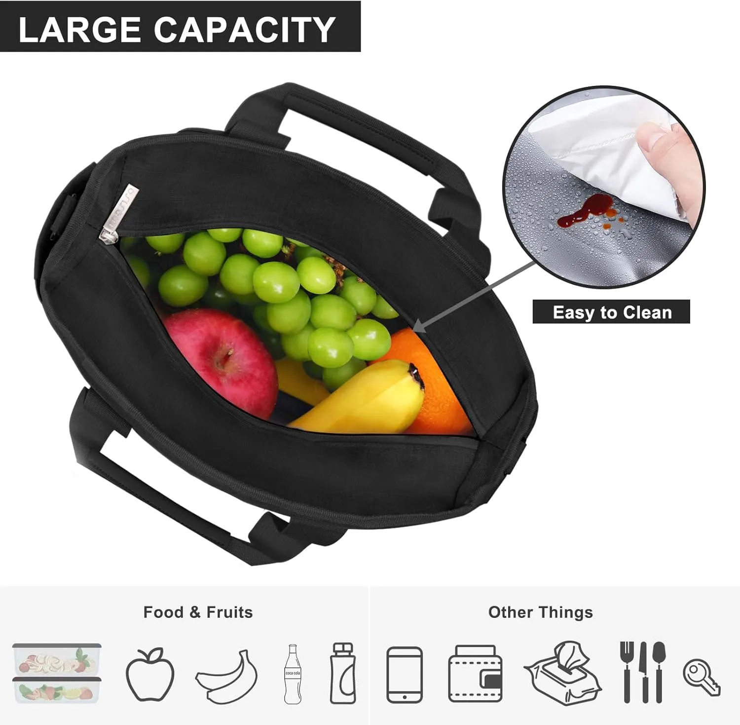 MOSISO Insulated Lunch Bag for Women Men, Cooler Bag for Work/Picnic/Hiking, Portable Lunch box with Front Pocket & Adjustable Shoulder Strap, Black