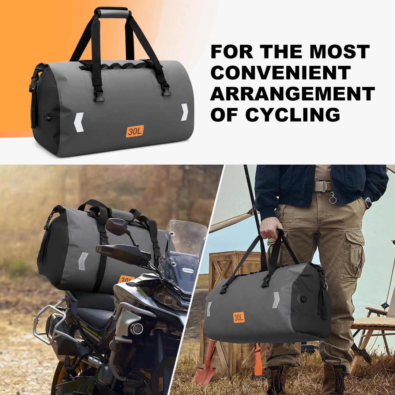 Motorcycle Dry Bag, Waterproof Duffel Bag & Roll-top Dry Duffel Bag, Motorcycle Travel Luggage Bag with Air Valve & Quick-fixed Straps For Rafting, Boating,Kayaking, Travel, Grey, 30L