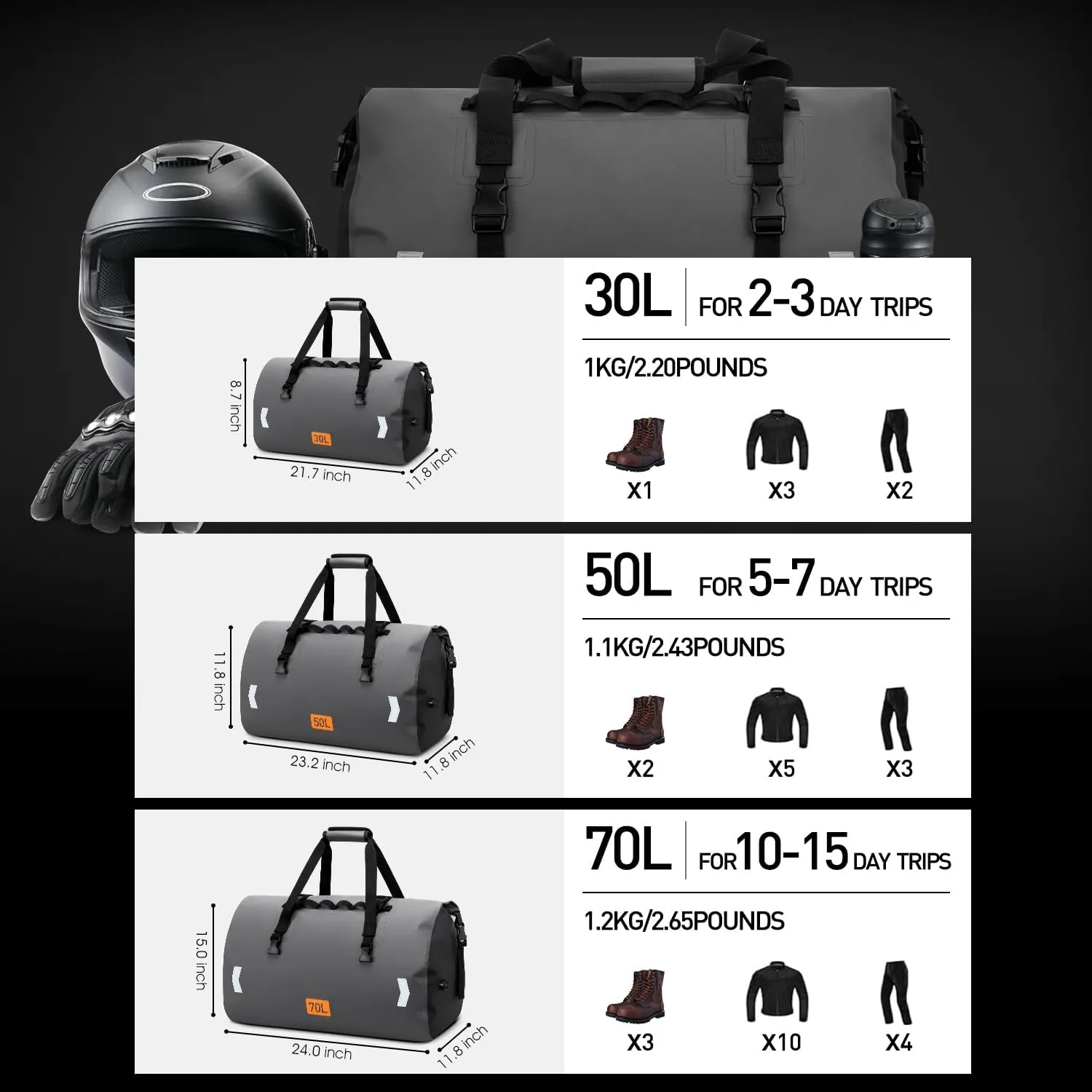 Motorcycle Dry Bag, Waterproof Duffel Bag & Roll-top Dry Duffel Bag, Motorcycle Travel Luggage Bag with Air Valve & Quick-fixed Straps For Rafting, Boating,Kayaking, Travel, Grey, 30L