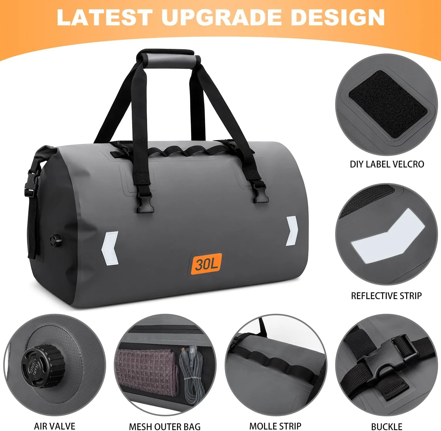 Motorcycle Dry Bag, Waterproof Duffel Bag & Roll-top Dry Duffel Bag, Motorcycle Travel Luggage Bag with Air Valve & Quick-fixed Straps For Rafting, Boating,Kayaking, Travel, Grey, 30L