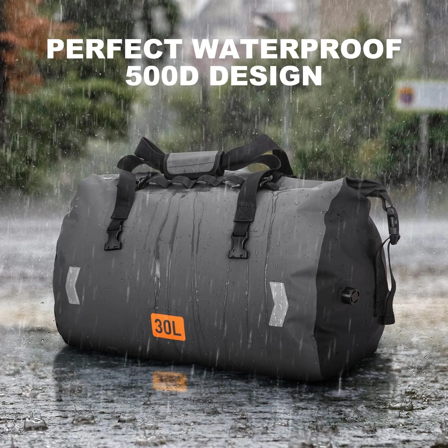 Motorcycle Dry Bag, Waterproof Duffel Bag & Roll-top Dry Duffel Bag, Motorcycle Travel Luggage Bag with Air Valve & Quick-fixed Straps For Rafting, Boating,Kayaking, Travel, Grey, 30L