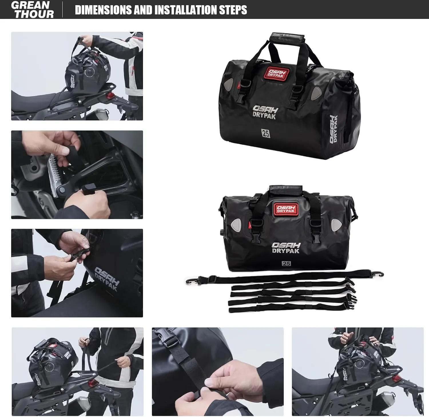 Motorcycle Dry Bag - Waterproof Motorcycle Duffle & Luggage Tail Bag Saddle Bags with Roll Top Closure, Large Storage Space，for Motorcycle Back Seat(Jungle, 60L)