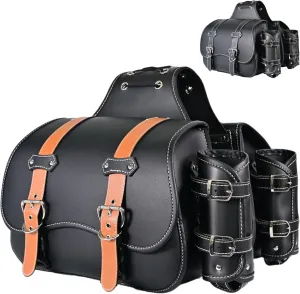 Motorcycle Saddlebags|Throw Over Saddle bags|Pvc Faux Leather Side Tool Bags with cup holder|Storage Tool Bag for Motorbike|Universal Motorcycle|Accessories|Waterproof|1Pair|two-color belt|L|Black25