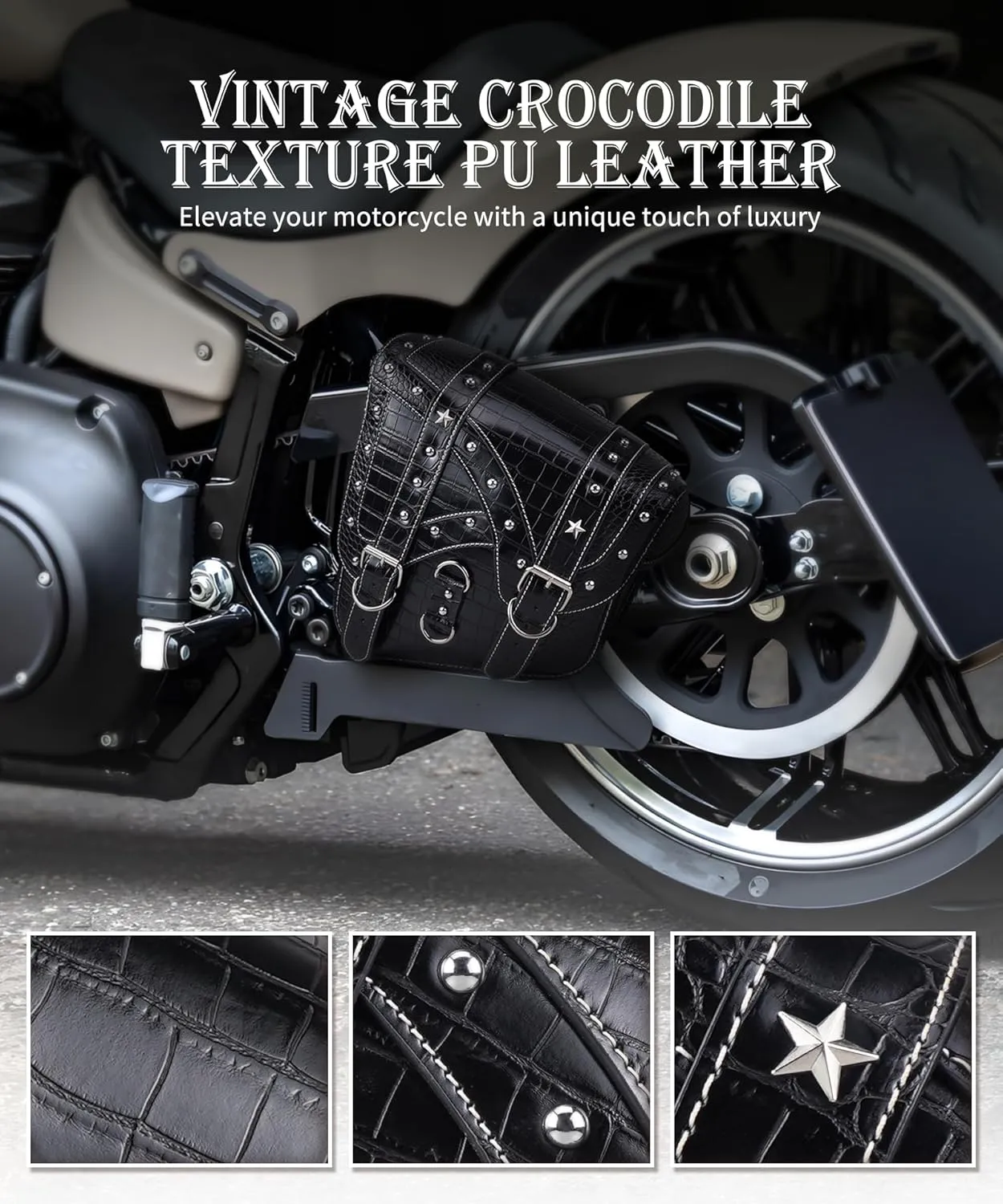Motorcycle Swingarm Bag Left Side, Vintage Crocodile Texture PU Leather, Swing Arm Saddlebag Compatible With Harley Heritage Softail Springer Classic Fat Boy, Black