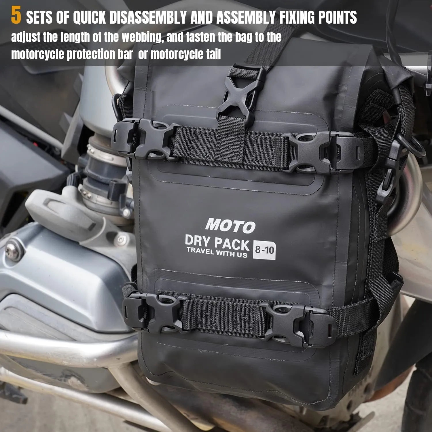 Motorcycle Tail Bag Front Bumper Bag, 10L Roll-top Waterproof Motor Saddle Panniers Luggage Bags for Bike Motorcy-Black(10L)