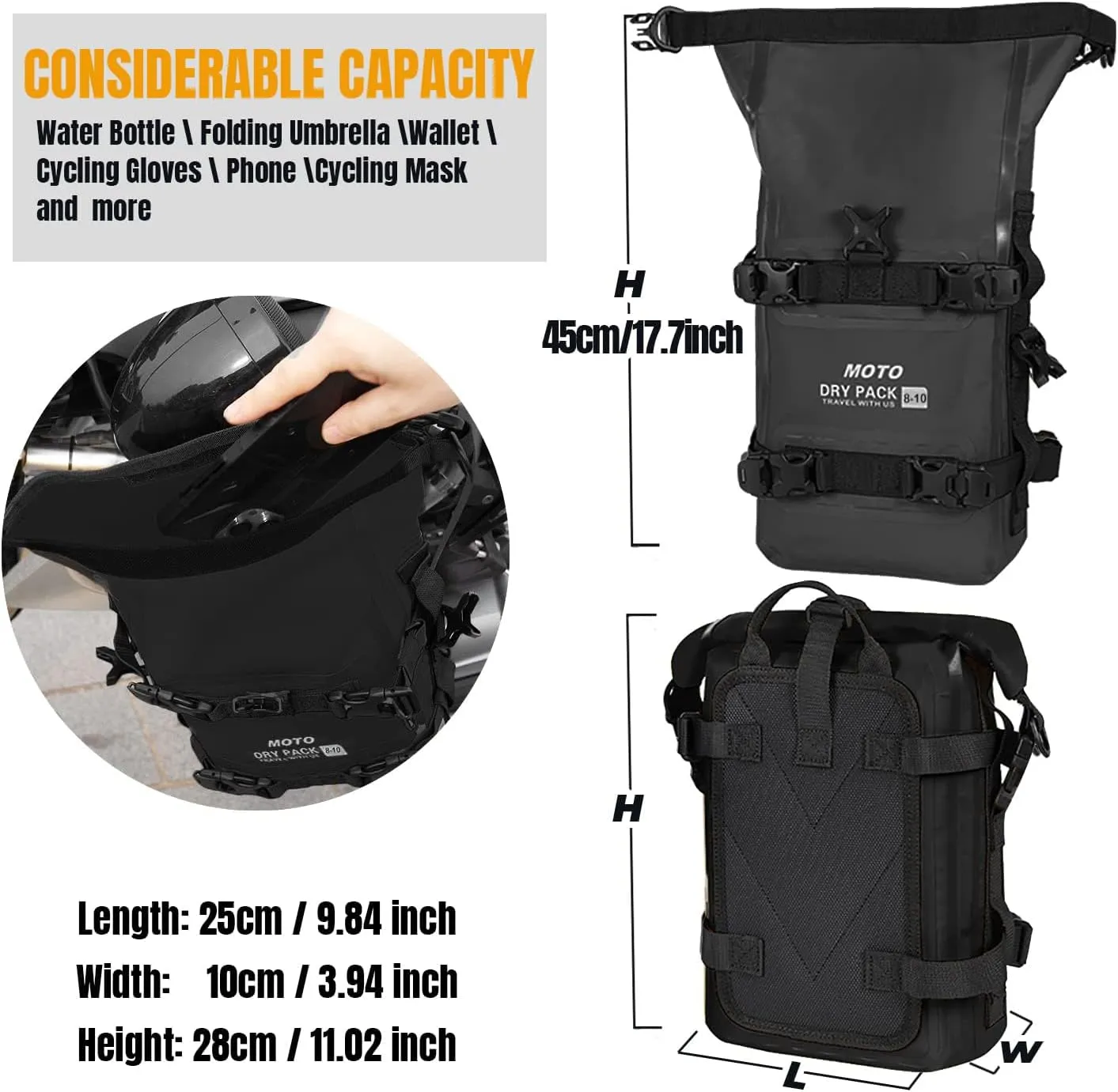 Motorcycle Tail Bag Front Bumper Bag, 10L Roll-top Waterproof Motor Saddle Panniers Luggage Bags for Bike Motorcy-Black(10L)