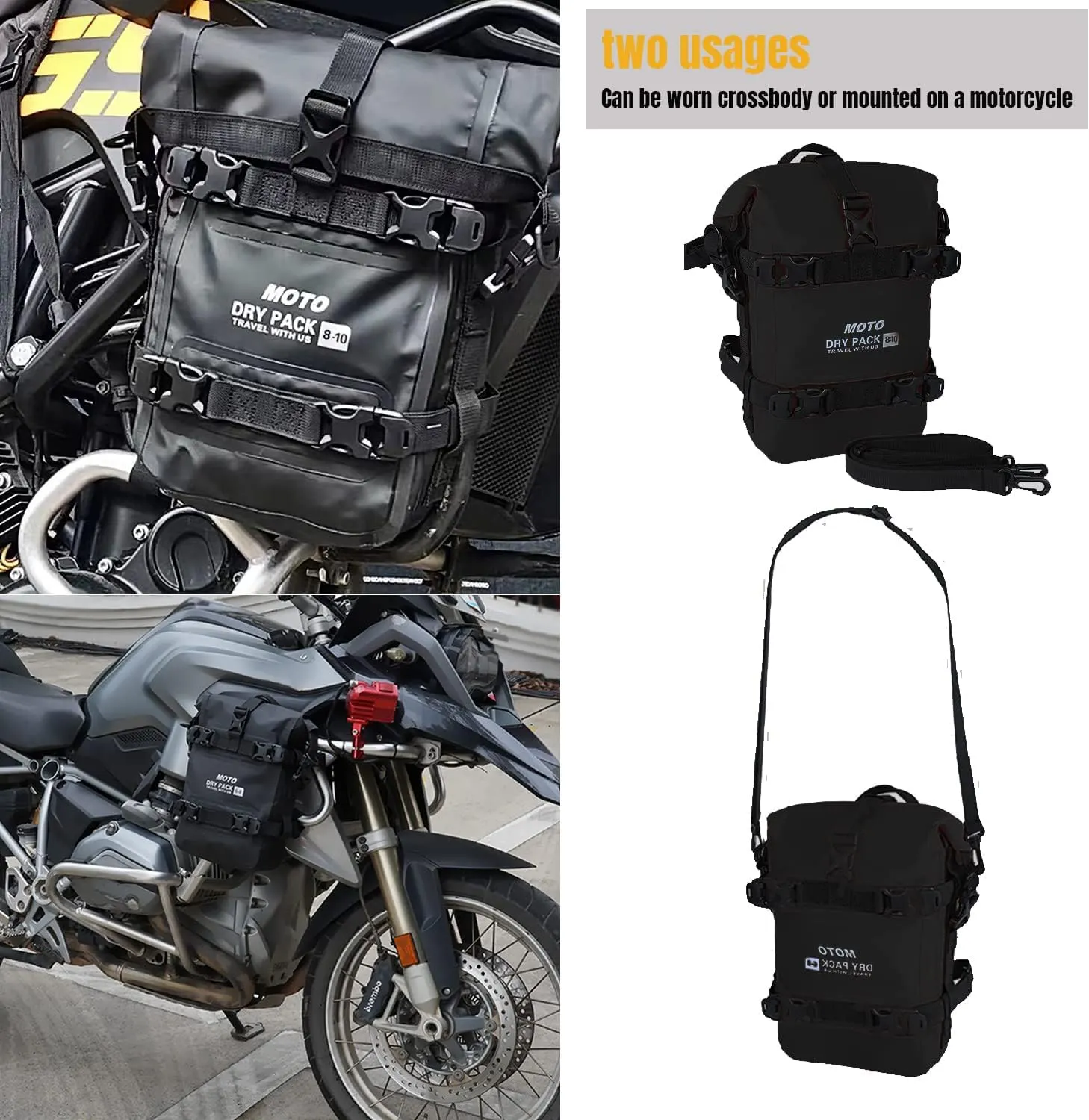Motorcycle Tail Bag Front Bumper Bag, 10L Roll-top Waterproof Motor Saddle Panniers Luggage Bags for Bike Motorcy-Black(10L)