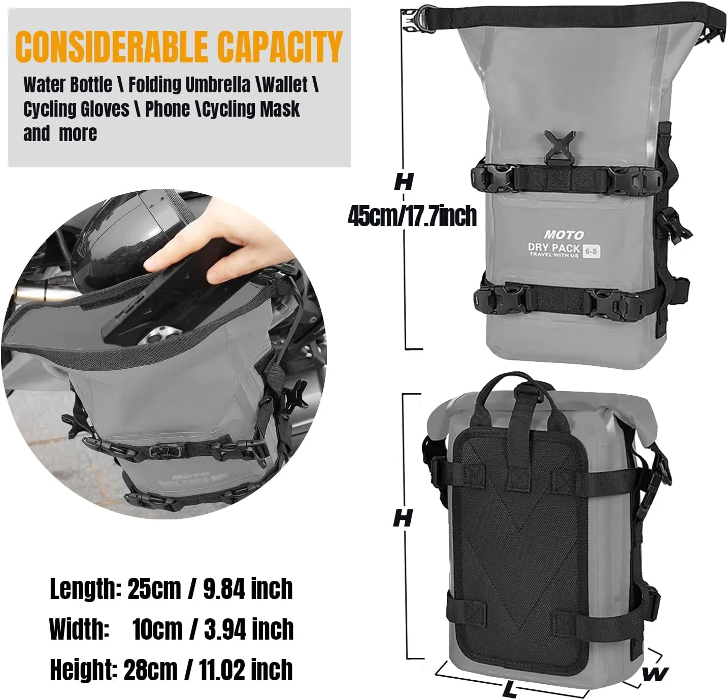 Motorcycle Tail Bag Front Bumper Bag, 8L Roll-top Waterproof Motor Saddle Panniers Luggage Bags for Bike Motorcy-Grey