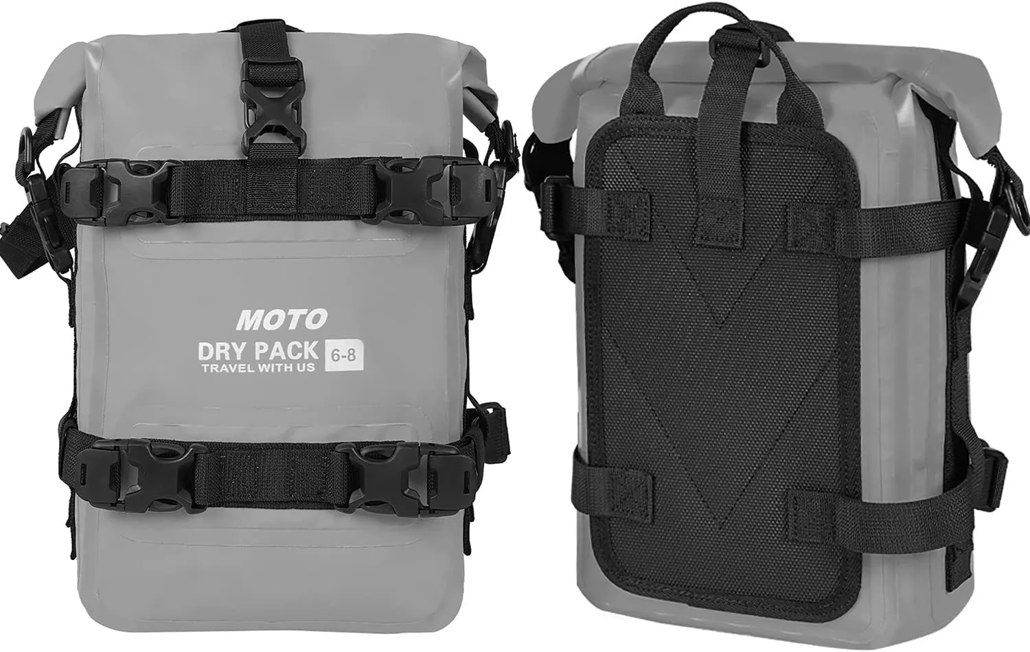 Motorcycle Tail Bag Front Bumper Bag, 8L Roll-top Waterproof Motor Saddle Panniers Luggage Bags for Bike Motorcy-Grey