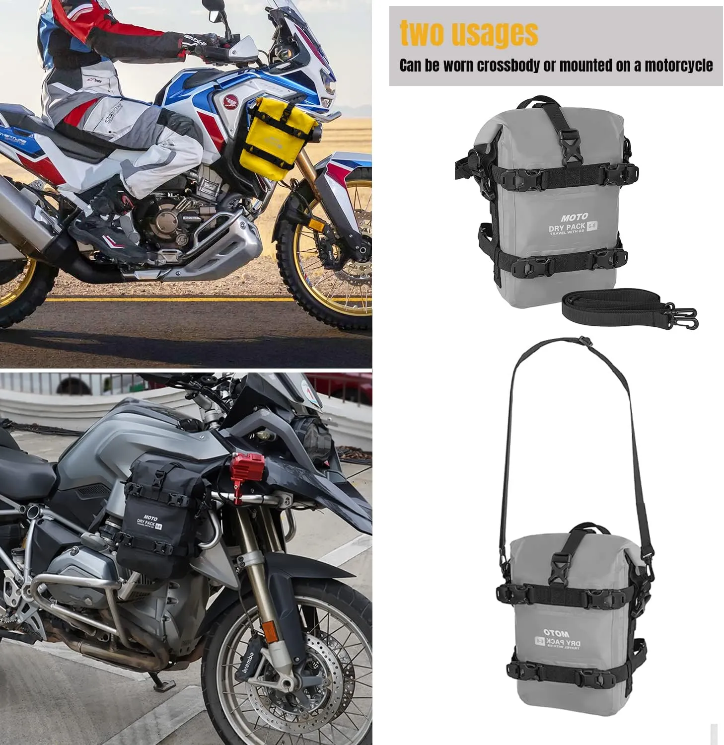 Motorcycle Tail Bag Front Bumper Bag, 8L Roll-top Waterproof Motor Saddle Panniers Luggage Bags for Bike Motorcy-Grey
