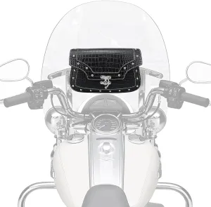 Motorcycle Windshield Bag, Vintage Crocodile Texture PU leather, Windscreen Studded Pouch Compatible with Road King 1995-2019 2020 2021 2022 2023 Softail, Quick Access, Easy to Install