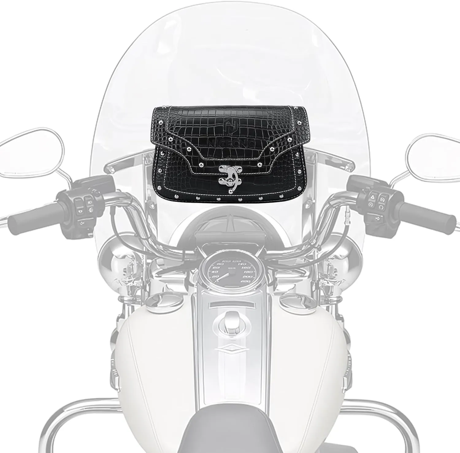 Motorcycle Windshield Bag, Vintage Crocodile Texture PU leather, Windscreen Studded Pouch Compatible with Road King 1995-2019 2020 2021 2022 2023 Softail, Quick Access, Easy to Install