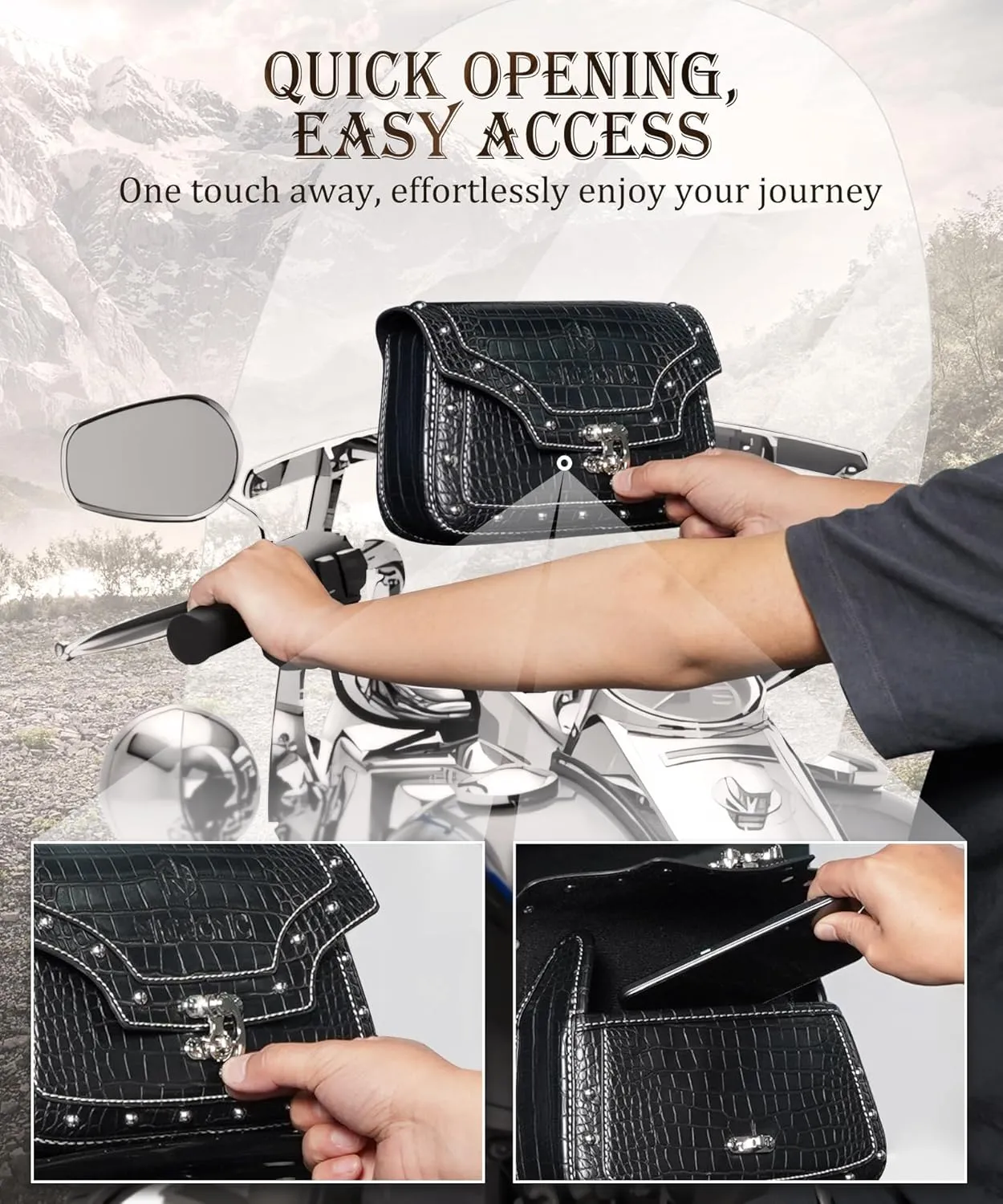 Motorcycle Windshield Bag, Vintage Crocodile Texture PU leather, Windscreen Studded Pouch Compatible with Road King 1995-2019 2020 2021 2022 2023 Softail, Quick Access, Easy to Install